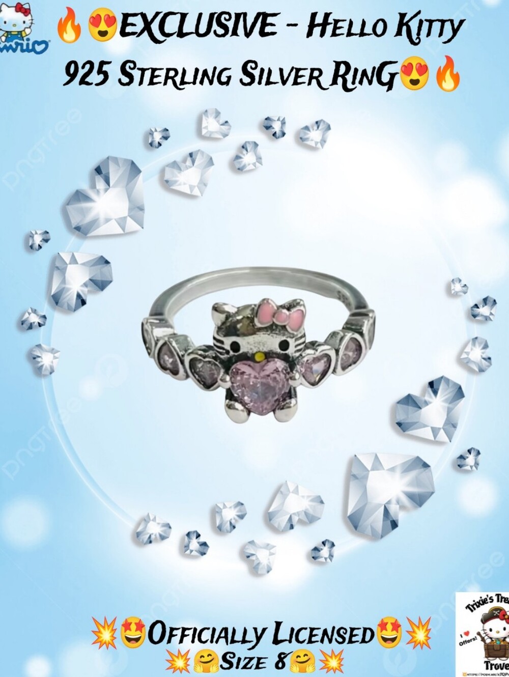 EXCLUSIVE - Hello Kitty 925 Sterling Silver Ring - Size 8